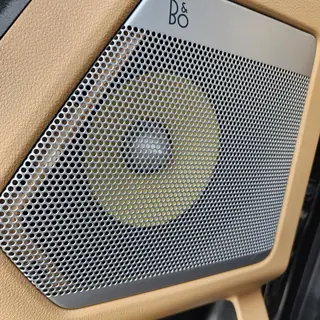 Close-up of a B&O speaker grille set into a tan interior panel